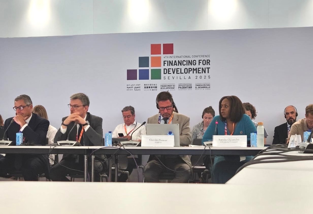 Financing for Development Conference participants speaking including Sanda Ojiambo